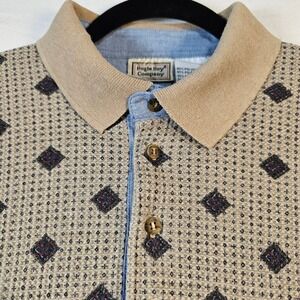 Vintage 90s Mens L Beige Diamond Jacquard Pattern Long Sleeve Polo Shirt Preppy